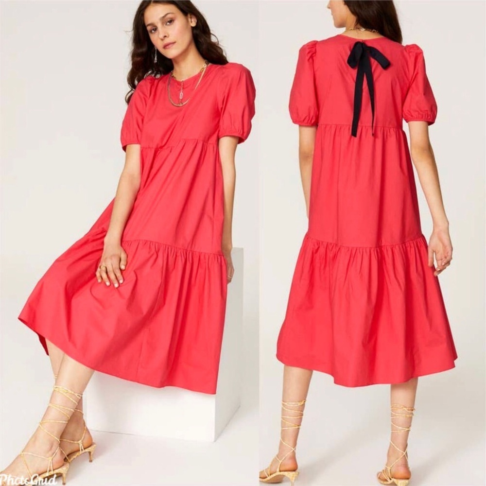 Peter Som Collective Puff Sleeve Tiered Midi Dress Pink Cotton Women's Size 2